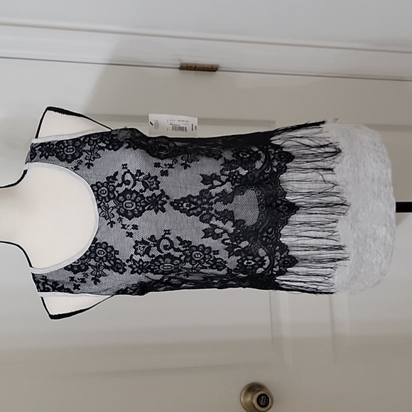 a.n.a. Size M Black Lace with Fringe Over Gray Sleeveless Tank Top, NEW with Tag - Picture 1 of 13